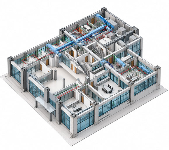 Cutaway BIM model showing architectural, structural and MEPF systems